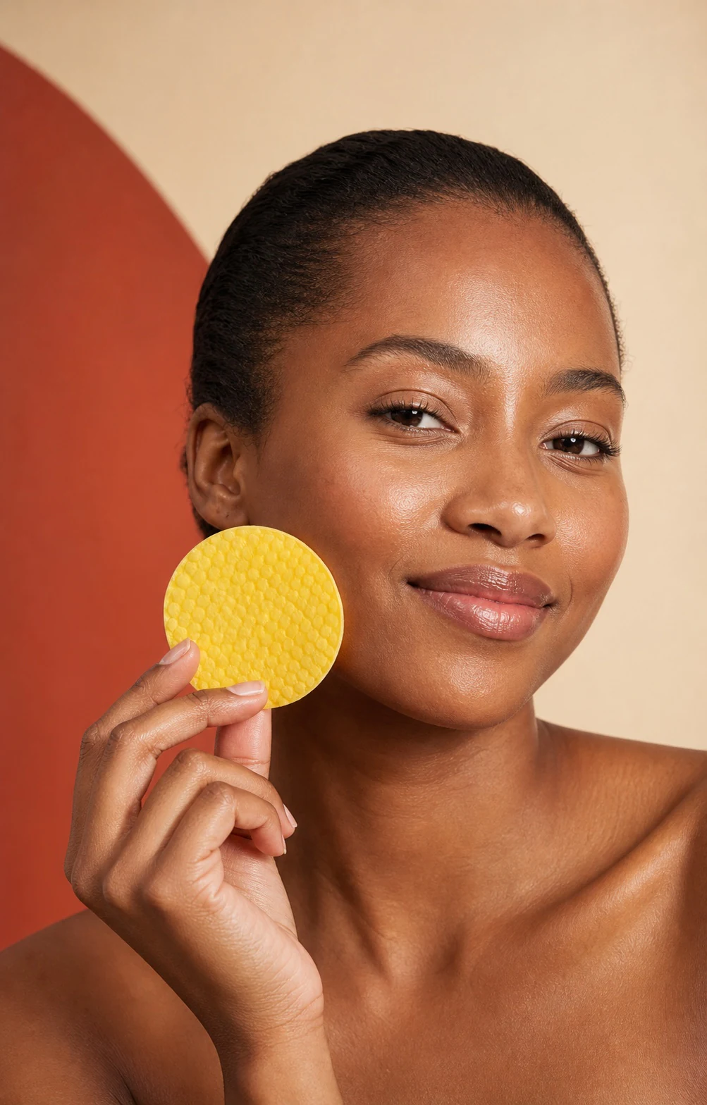 Model holding Ltepska yellow cleansing pad