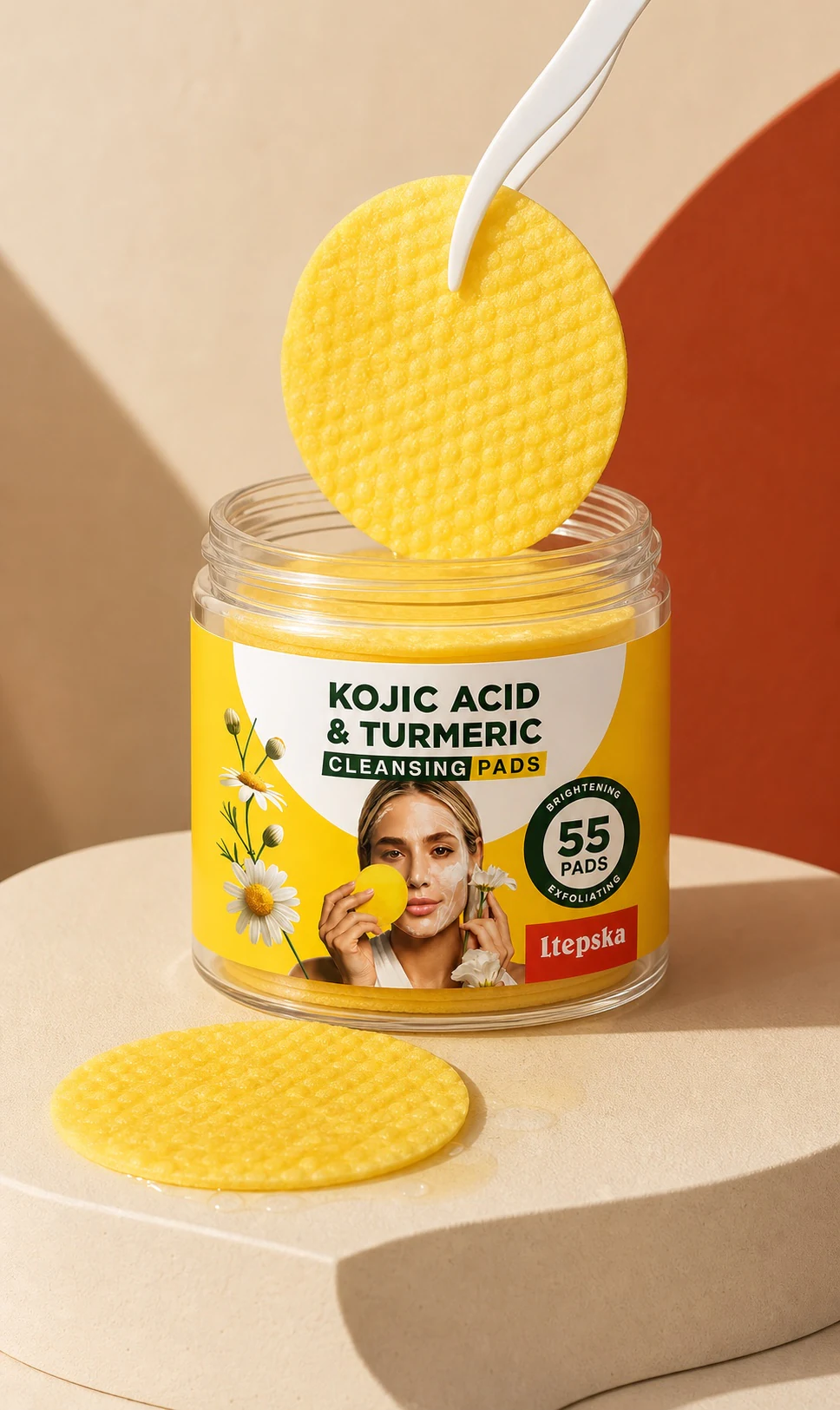 Ltepska jar with a yellow cleansing pad lifted by the included tweezers
