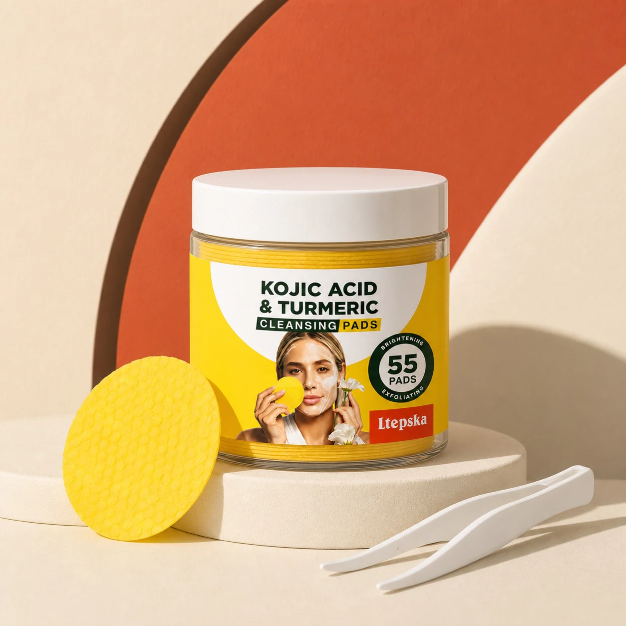 LTEPSKA jar, yellow cleansing pad, and tweezers