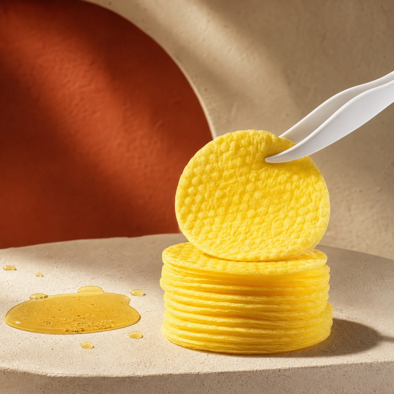LTEPSKA yellow cleansing pad lifted with tweezers