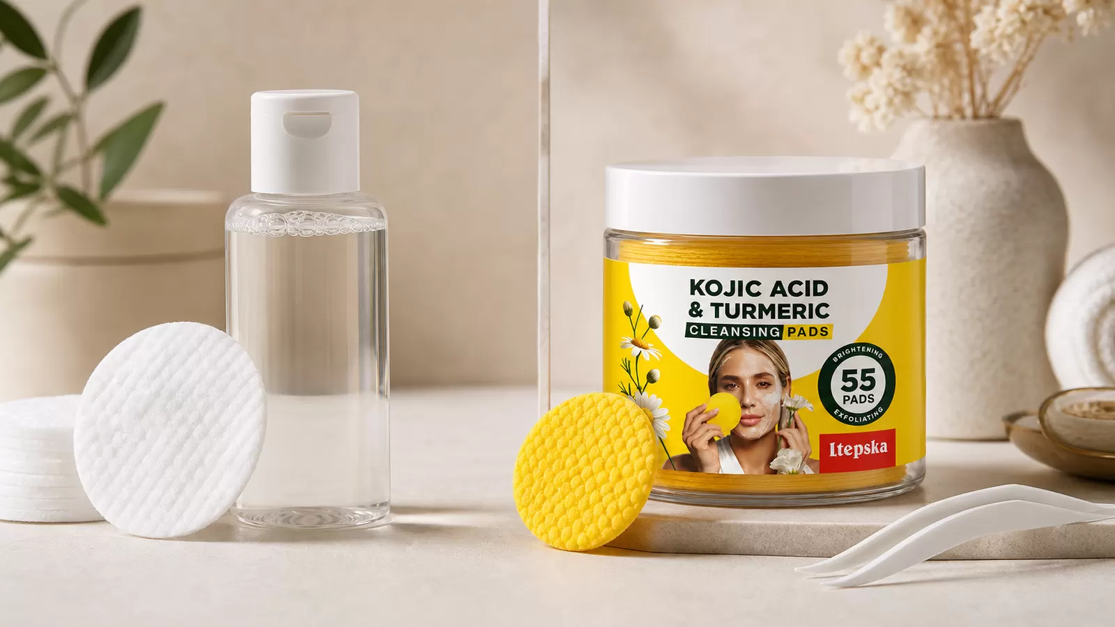 Toner bottle and cotton pad compared with LTEPSKA cleansing pads and tweezers