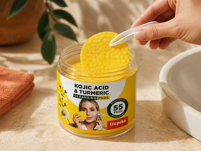 White tweezers lifting one yellow cleansing pad from a jar