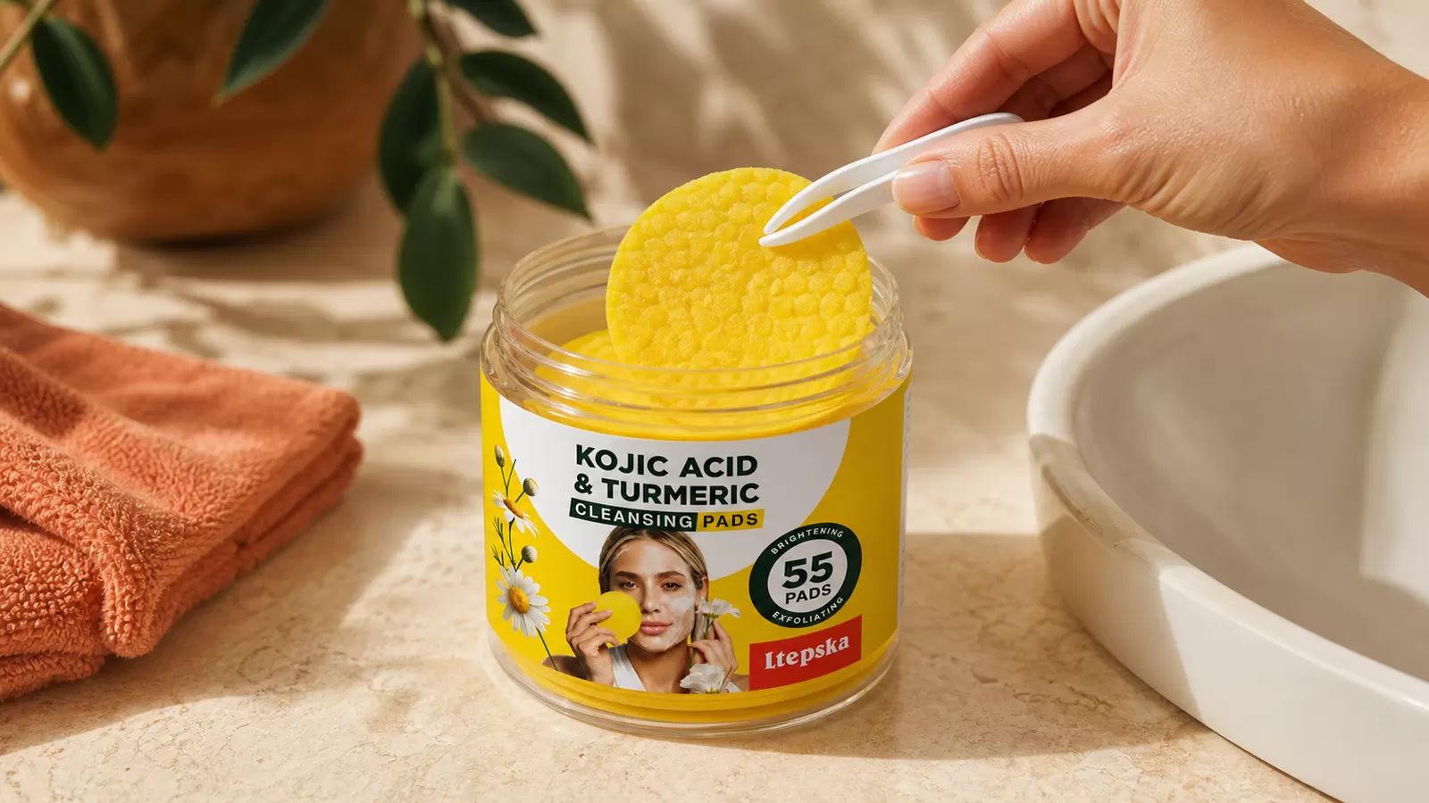 Hand using white tweezers to remove a yellow cleansing pad from the LTEPSKA jar