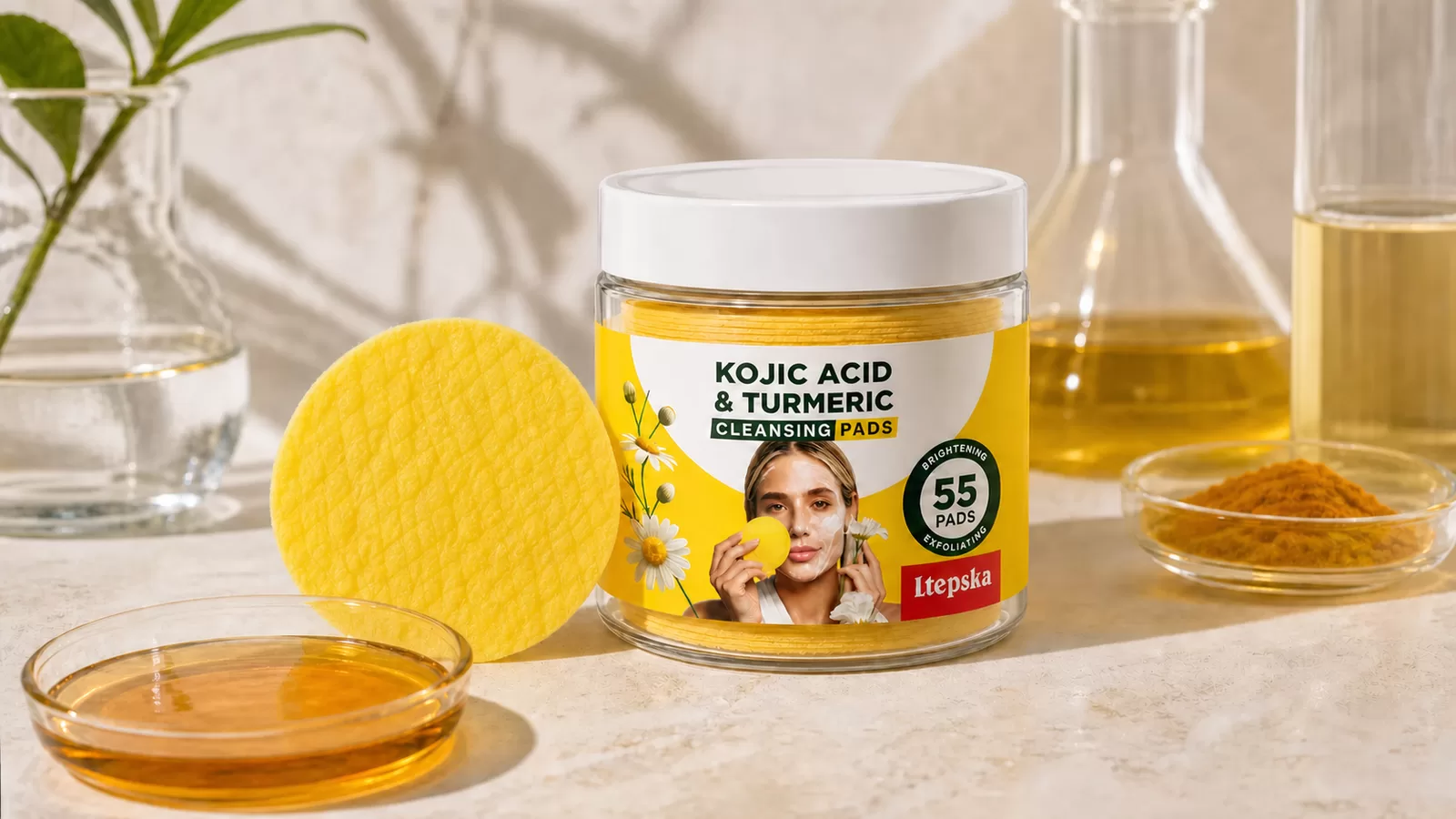 LTEPSKA cleansing pads beside amber cosmetic textures on a cream surface