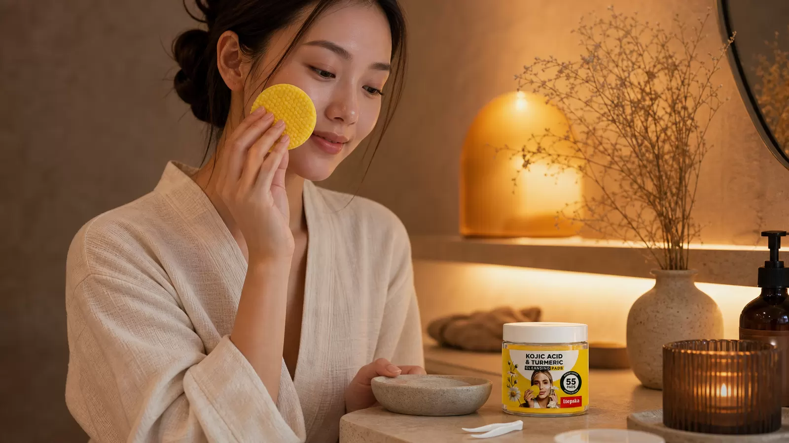 LTEPSKA cleansing pads arranged for a simple evening skincare routine