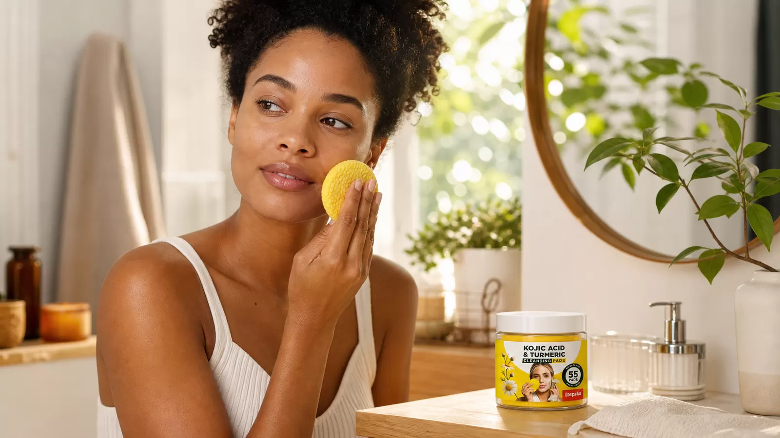 Woman using a yellow cleansing pad during a simple morning skincare routine