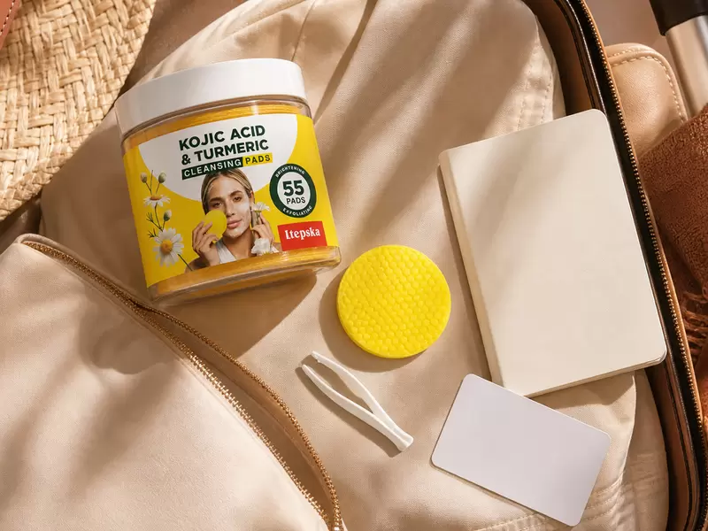 LTEPSKA jar and yellow pad arranged with a travel skincare pouch
