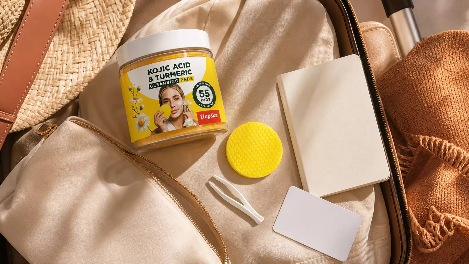 LTEPSKA cleansing pads packed inside a simple travel skincare kit