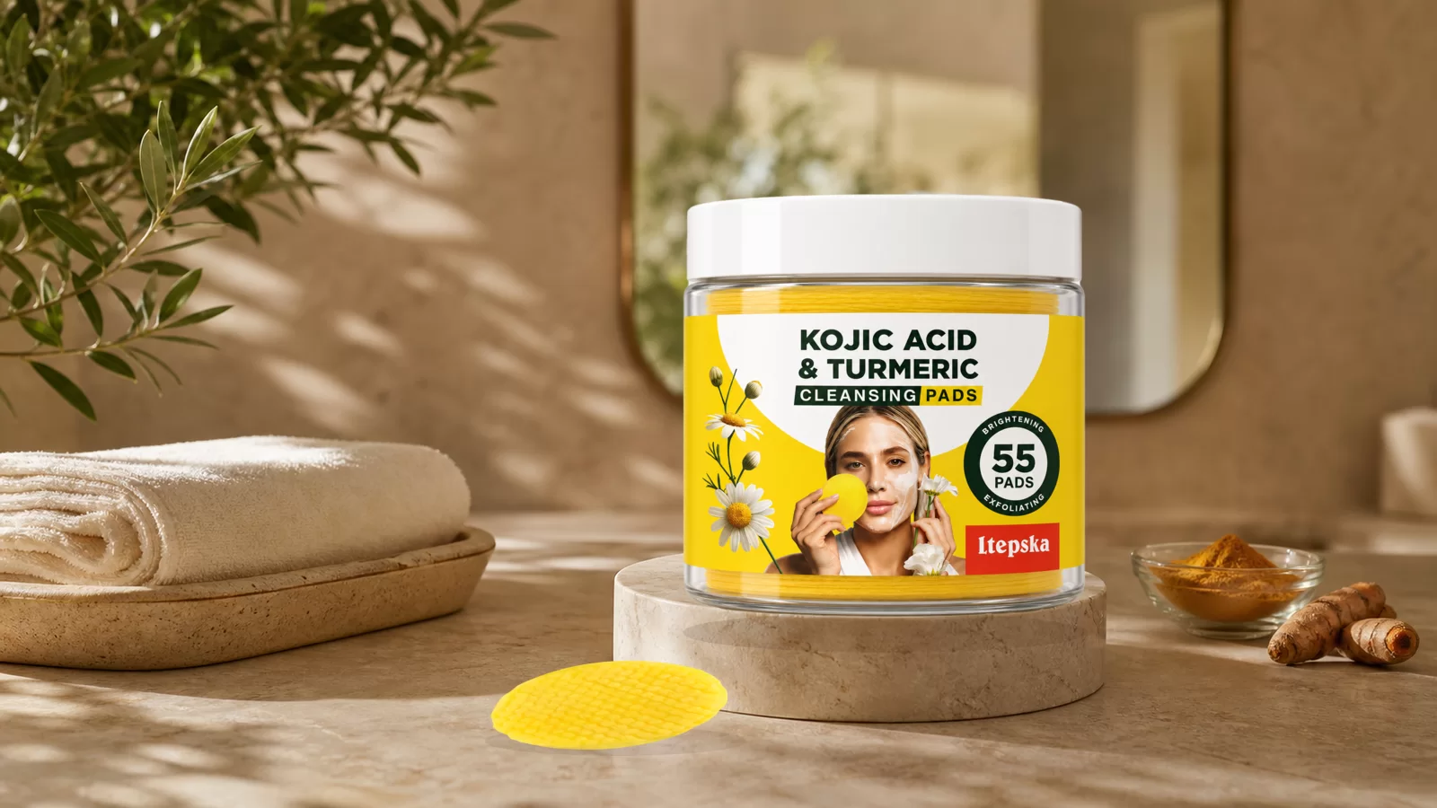 LTEPSKA kojic acid and turmeric cleansing pads on a warm bathroom vanity