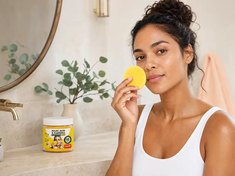 Yellow textured cleansing pad held near a woman’s cheek